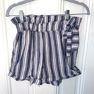 High Rise Ruffled Linen Striped Shorts